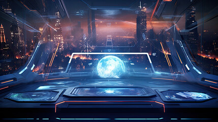 Futuristic cityscape viewed from a high tech control room at night with glowing sphere