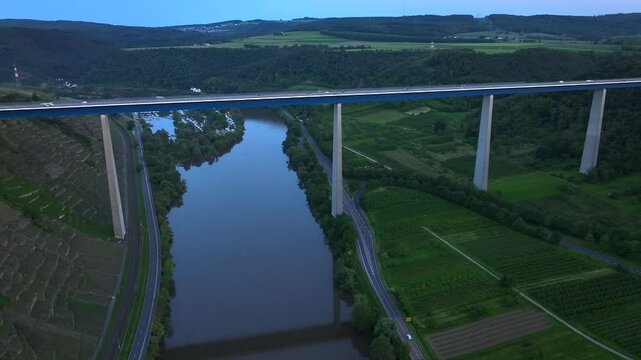 Moselle Valley Bridge, Aerial View. Autobahn Highway A61, Moseltal bridge near Koblenz in Rhineland-Palatinate, Germany