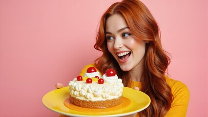 A woman holds a yellow plate with a cake with cherries on it. She is smiling and happy on a pink background. Generative AI.