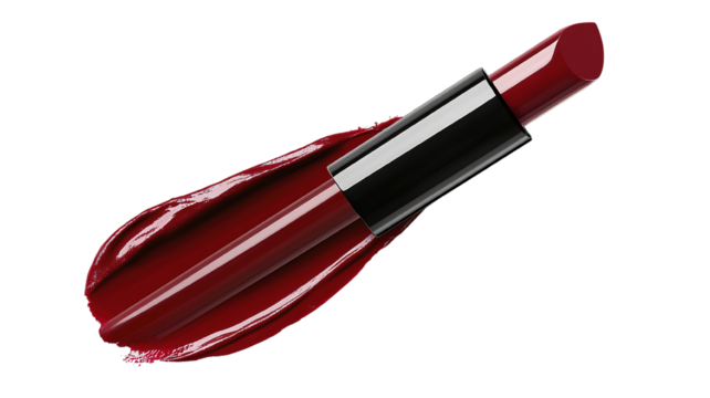 A single elegant liquid lipstick, isolated on a transparent background, showcasing its rich color and glossy finish