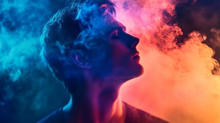 Surreal portrait of a man in colorful smoke clouds
