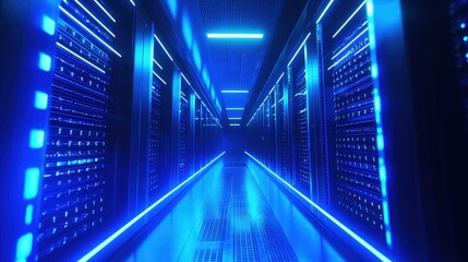 Illuminated server room with glowing blue lights, reflecting data flow and connectivity. Represents tech infrastructure, ideal for cybersecurity and digital transformation themes.