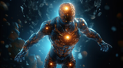 Luminous Cyborg Emerging from Digital Particles