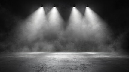 Dramatic Black Background with Spotlight Effect on Concrete Floor for Artistic and Cinematic Presentation in Studio Environment