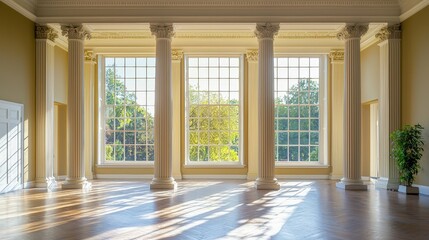 Fototapeta premium Elegant hall with classic columns and sunlit windows, symbolizing grandeur and opportunity. Ideal for showcasing architecture, real estate, or interior design projects.