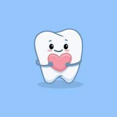 Cute cartoon tooth on a white background. Funny tooth with pink heart. Tooth in flat style. Vector illustration