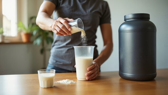 Woman making protein shake using powder spoon and glass. Health and fitness concept as woman prepares nutritious drink for her body. Gray background.