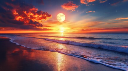 Fototapeta premium Ocean sunset with full moon, beach, waves, clouds