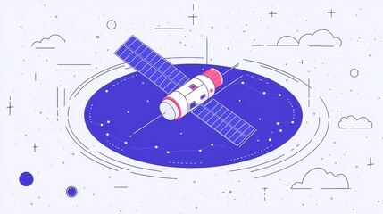 Naklejka premium Satellite Technology Enhancing Remote Work Connectivity, exploring the transformative effects of satellite systems on global communication and collaboration, featuring simple vector line art