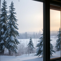 A snowy landscape reflected in the window