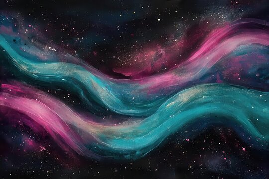 ethereal aurora borealis-inspired abstract background with flowing ribbons of teal and magenta light, soft bokeh particles dancing in cosmic darkness
