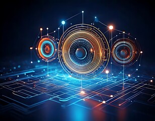 Fototapeta premium Connected circular structures, radiating lines, and lights signify advanced, interconnected technologies, digital networks, and future innovation.