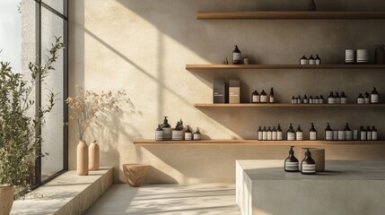 Minimalist skincare display in a sunlit room