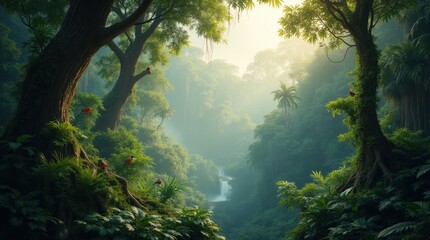 Fototapeta premium Sunlight Filtering Through a Dense Rainforest Canopy