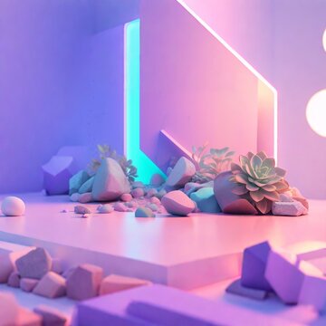 3d render neon pastel astract background with flowers and stones