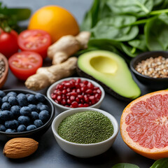Healthy food ingredients, studio shot, table, vibrant background, recipe