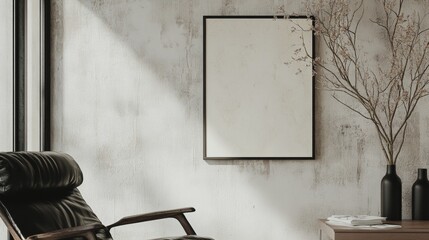 Minimalist workspace with a blank frame on a wall