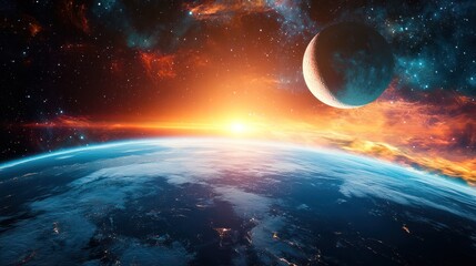 Obraz premium Planet sunrise, space, nebula, cosmic, fiery background, science fiction