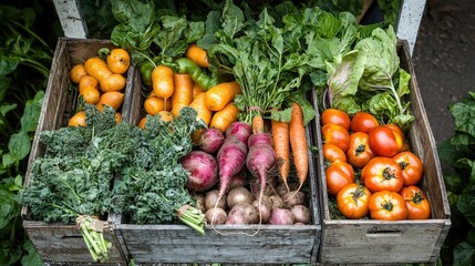 Assorted root vegetables in crates, symbolising farm-fresh produce and healthy eating, use for agriculture, nutrition, and farmers markets promotion.
