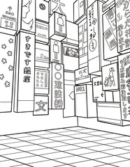 Detailed black and white line art of a Japanese urban alley filled with neon signs, billboards, and advertisements. Ideal for coloring books, backgrounds, or digital illustrations © natasya