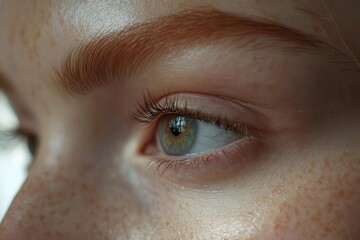 Fototapeta premium ethereal close-up of woman's eye, soft natural lighting, delicate lashes, subtle earth-toned makeup, crystal clear macro detail