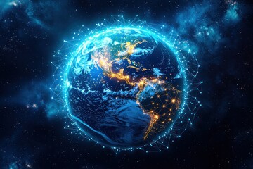 Stunning digital depiction of Earth surrounded by a network of glowing connections, symbolizing global connectivity and technology