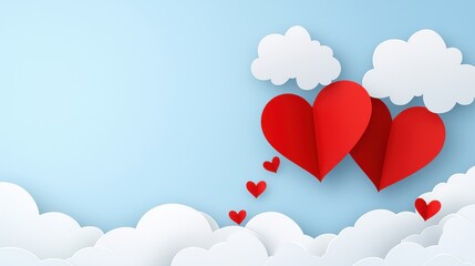 Red Paper Hearts Floating in Clouds with Soft Blue Background