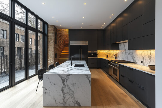 Photographie immobili&egrave;re d'une cuisine moderne &eacute;l&eacute;gante avec marbre blanc et armoires noires, HDR, 3D, design, tendance, architecte