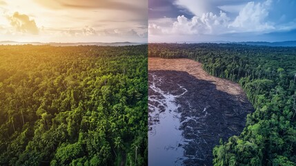 Split aerial view shows a lush forest vs. a deforested area with felled trees symbolizing environmental impact. Great for climate change, conservation, and ecological awareness.