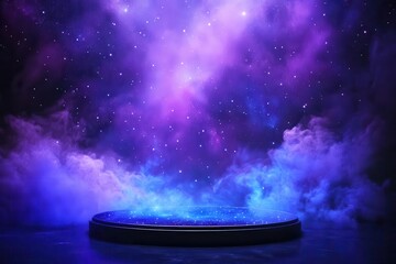 ethereal cosmic landscape with silhouetted lovers, swirling nebulas in purple and blue, spiritual connection theme