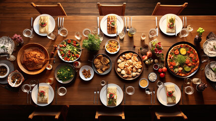 Lavish dinner feast on rustic wooden table, overhead view