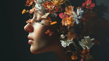 Portrait of woman with vibrant flowers in hair