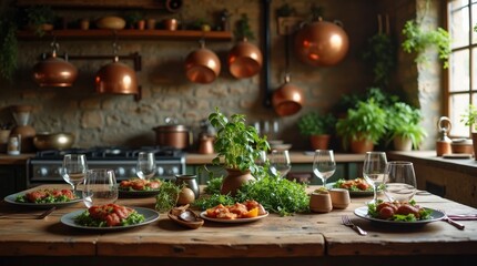 Rustic Kitchen with Wooden Table and Copper Pots