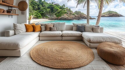 A serene coastal living space featuring a cozy couch, natural decor, and stunning ocean views, perfect for relaxation and inspiration. Copy space for text