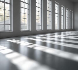 A serene interior perspective showcasing tall windows casting soft shadows on a polished floor, perfect for illustrating tranquility and modern design. Copy space for text