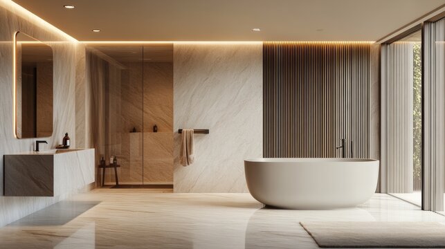 Luxurious bathroom interior with marble accents