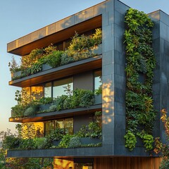 Fototapeta premium Modern eco-friendly building with lush greenery on balconies, set against a vibrant sunset in an urban environment