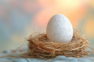 Fototapeta premium A solitary speckled egg resting in a nest of straw, set against a softly blurred pastel background, evoking themes of new beginnings
