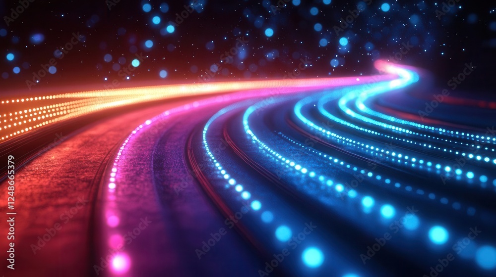 Poster a vibrant and colorful abstract image featuring flowing lines of light, creating a dynamic and energ