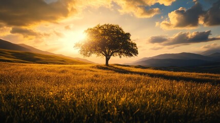 Golden meadow with a lone tree at sunset