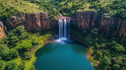 Fototapeta premium Aerial view of waterfall cascading into pool, lush green hills