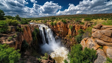 Waterfall cascading down rocky cliffs, sunny day, African savanna background, nature tourism