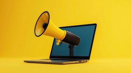 Yellow megaphone emerges from a laptop, set against a solid background, symbolizing urgent online communications and announcements. Ideal for digital marketing and public relations.