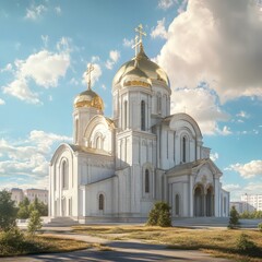Fototapeta premium Ornate building with golden domes and white walls.