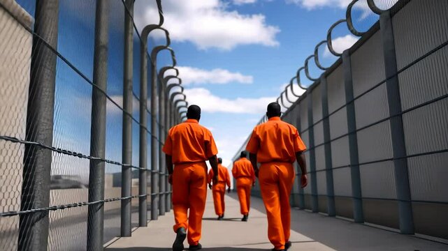 Orange clad prisoners traversing secured hallway, hemmed by razor wire barrier, blue horizon overhead, embodying institutional constraint and limited personal freedom
