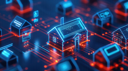 Fototapeta premium Digital smart home network with glowing houses and connected infrastructure, showcasing IoT technology and seamless connectivity
