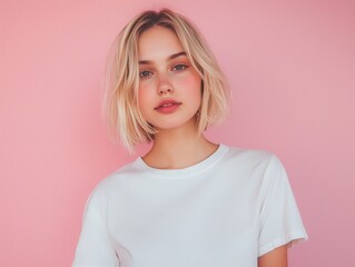 Obraz premium Blonde woman with short hair in front of a pink backdrop, embodies youthful beauty and modern style. Use it for fashion, beauty blogs, or lifestyle content.