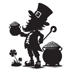 leprechaun with shamrock on pot of gold silhouette isolated on a white background