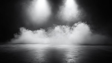 Black Background with Fog and Smoke Under Spotlight Creating Dramatic Atmosphere for Photography, Theater, and Video Productions