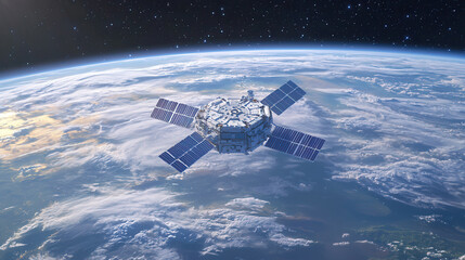 Obraz premium Futuristic satellite orbiting Earth, showcasing advanced technology and solar panels. scene captures beauty of our planet from space